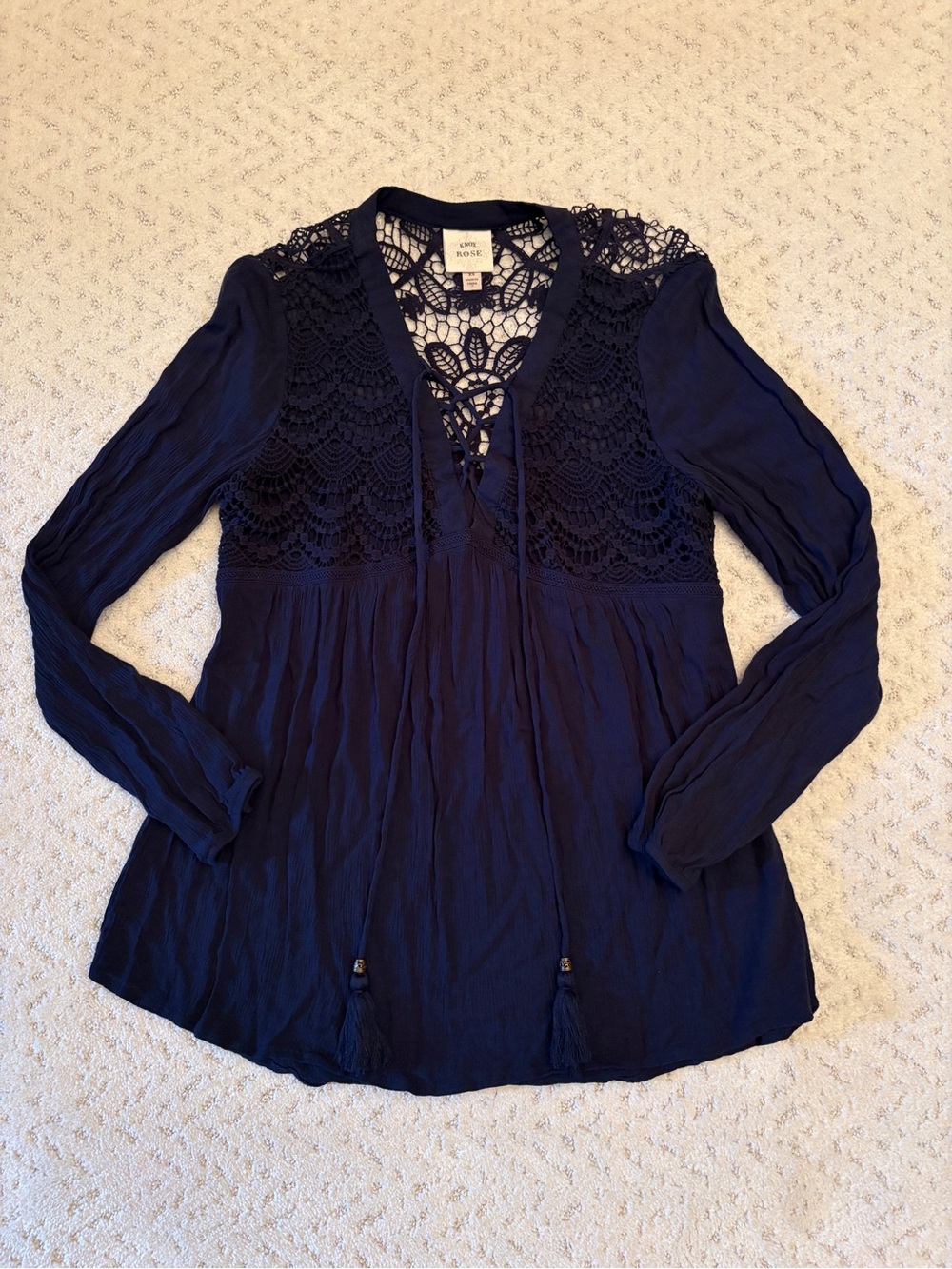 Knox Rose Navy Blue Crochet Lace Babydoll Peasant Top Size XS Boho RenFaire